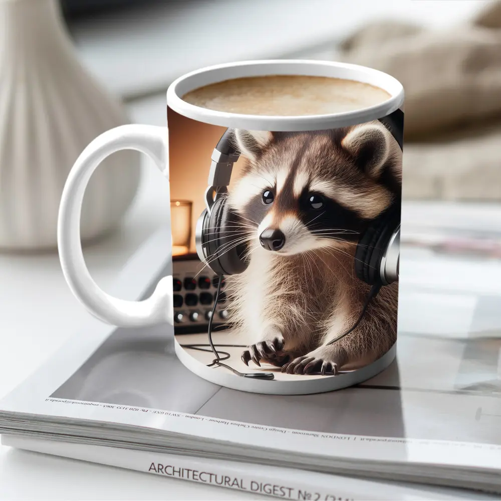 Raccoon Wearing Headphones Music Studio Setting – Mugs