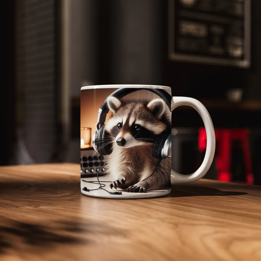 Raccoon Wearing Headphones Music Studio Setting – Mugs