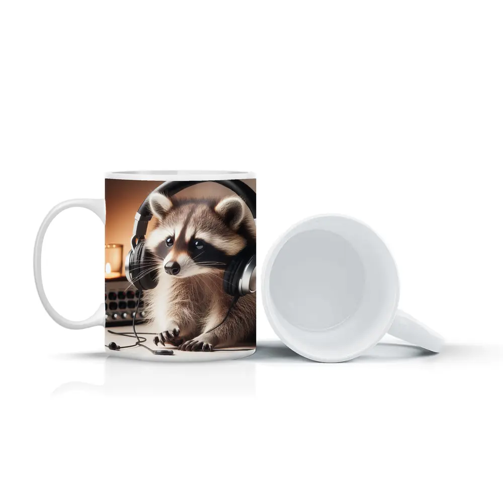 Raccoon Wearing Headphones Music Studio Setting – Mugs