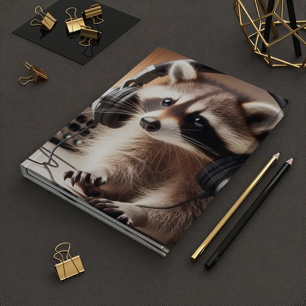 Raccoon Wearing Headphones Music Studio Setting – Notebooks