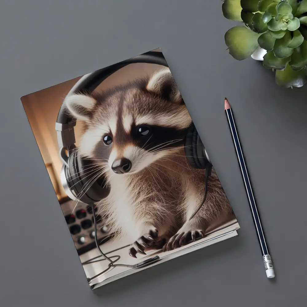 Raccoon Wearing Headphones Music Studio Setting – Notebooks