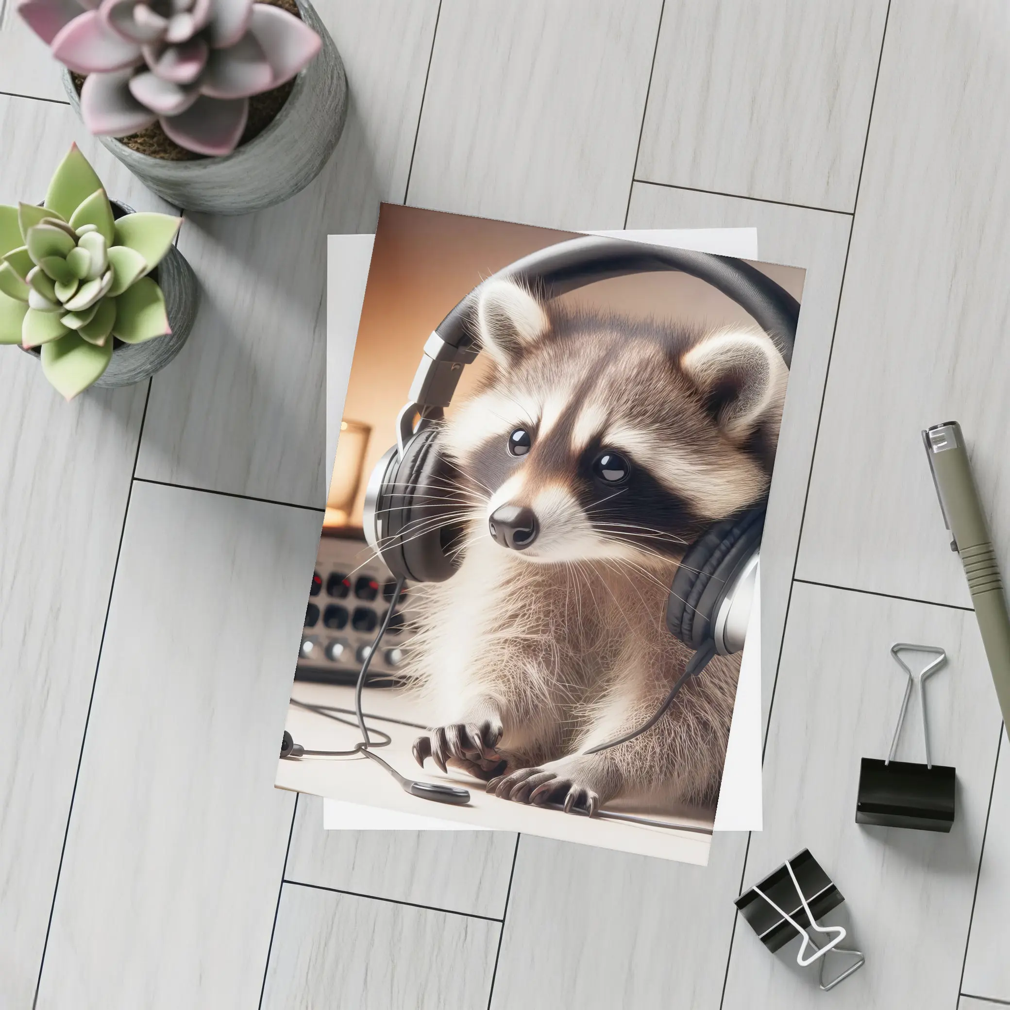 Raccoon Wearing Headphones Music Studio Setting – Postcards