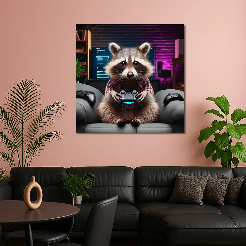 Raccoon Gamer Playing Console in Neon Room – Wall Art