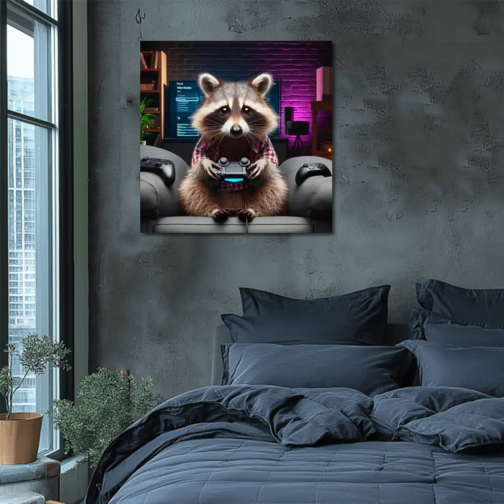 Raccoon Gamer Playing Console in Neon Room – Wall Art