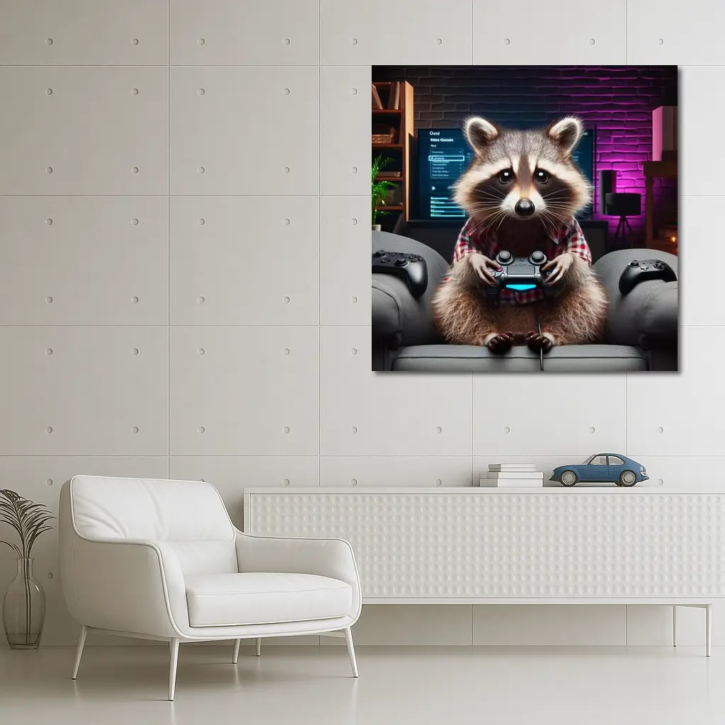 Raccoon Gamer Playing Console in Neon Room – Wall Art