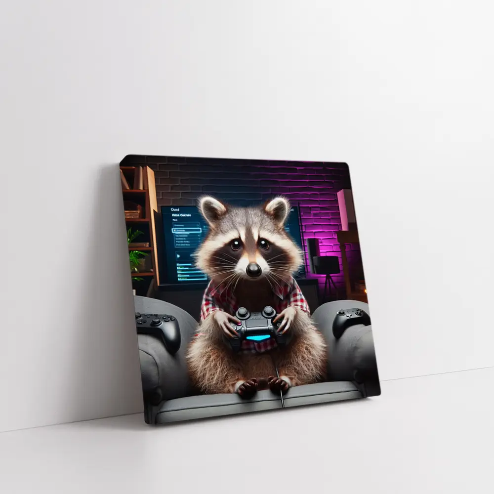 Raccoon Gamer Playing Console in Neon Room – Wall Art