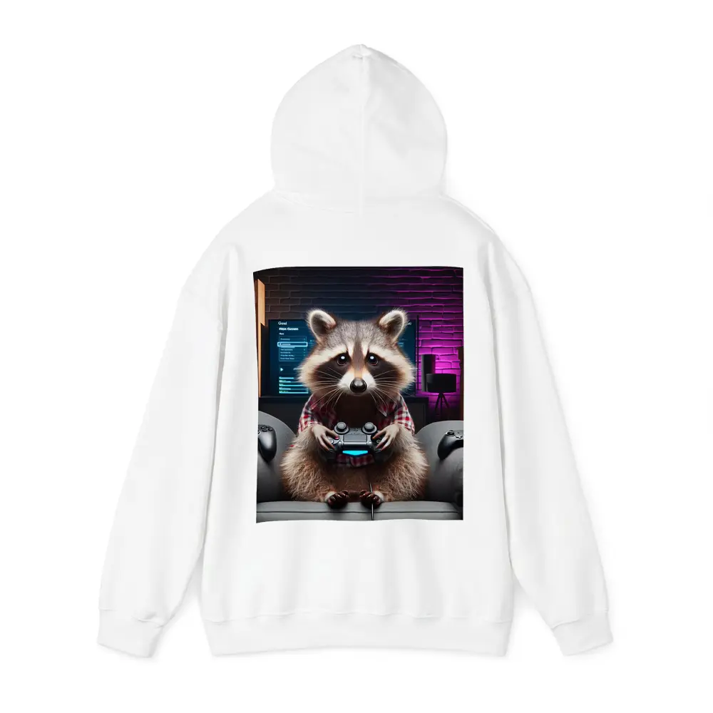 Raccoon Gamer Playing Console in Neon Room – Hoodies
