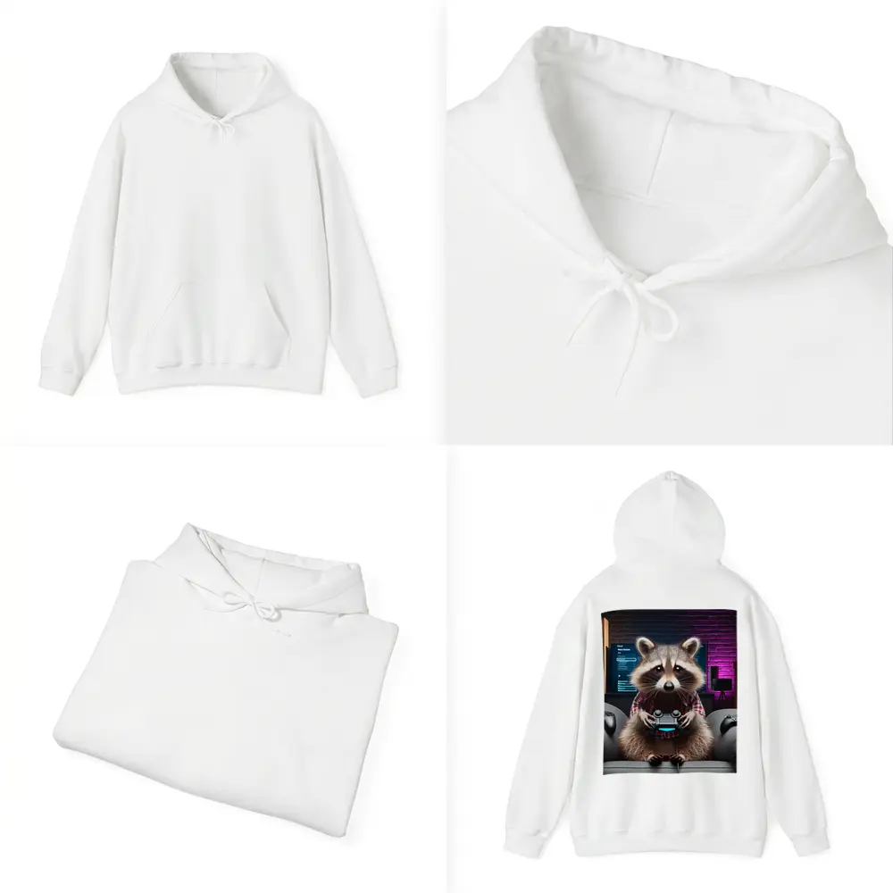 Raccoon Gamer Playing Console in Neon Room – Hoodies