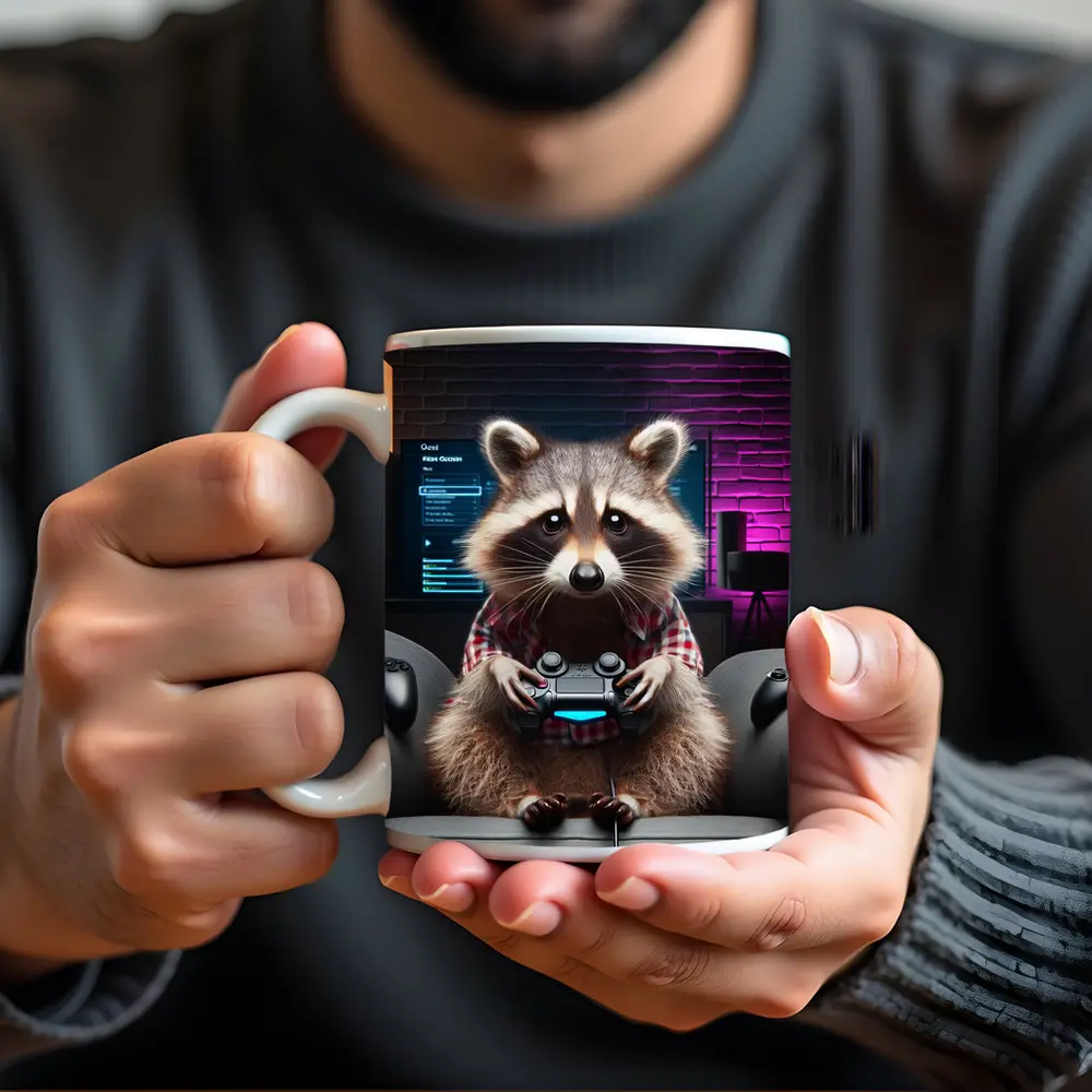 Raccoon Gamer Playing Console in Neon Room – Mugs