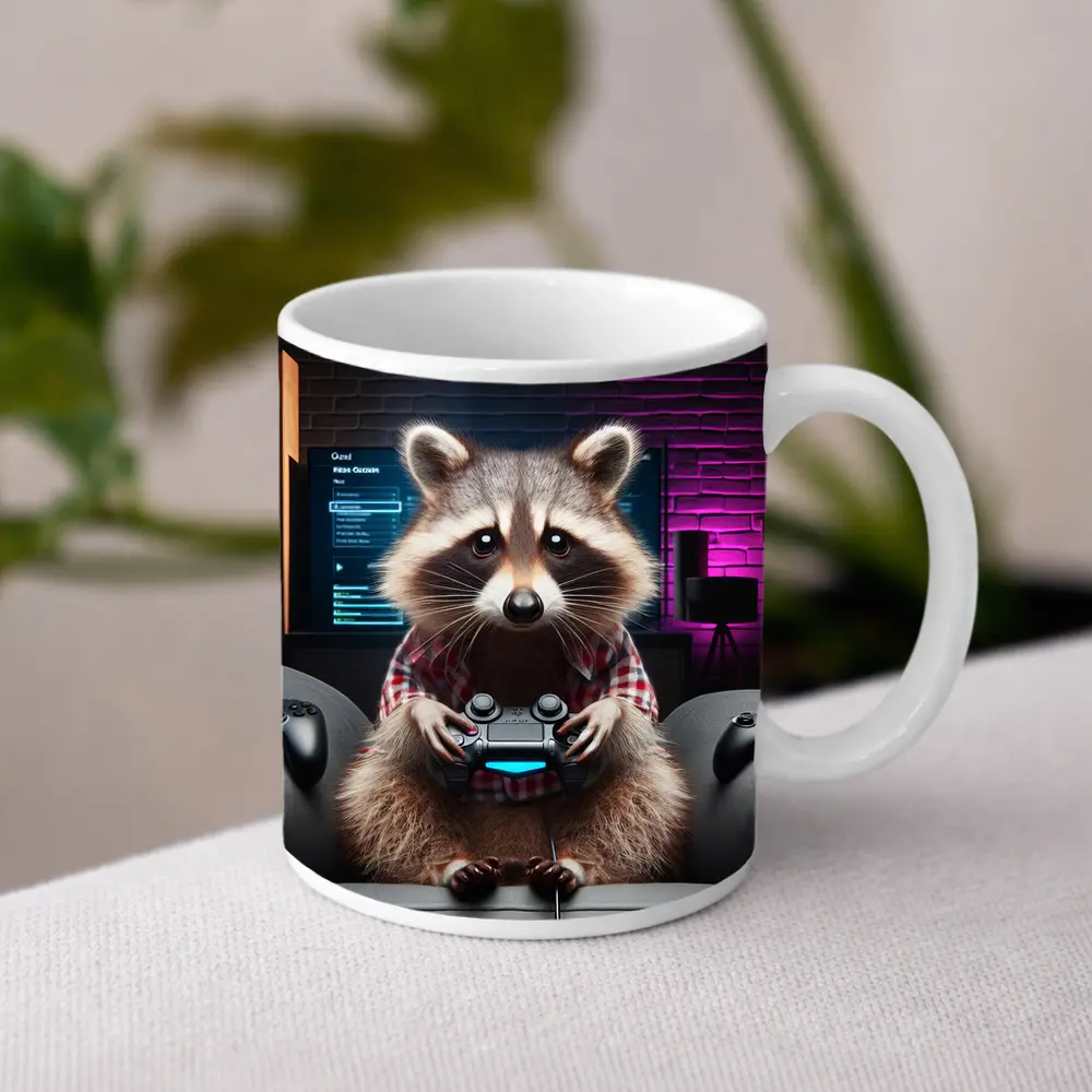Raccoon Gamer Playing Console in Neon Room – Mugs