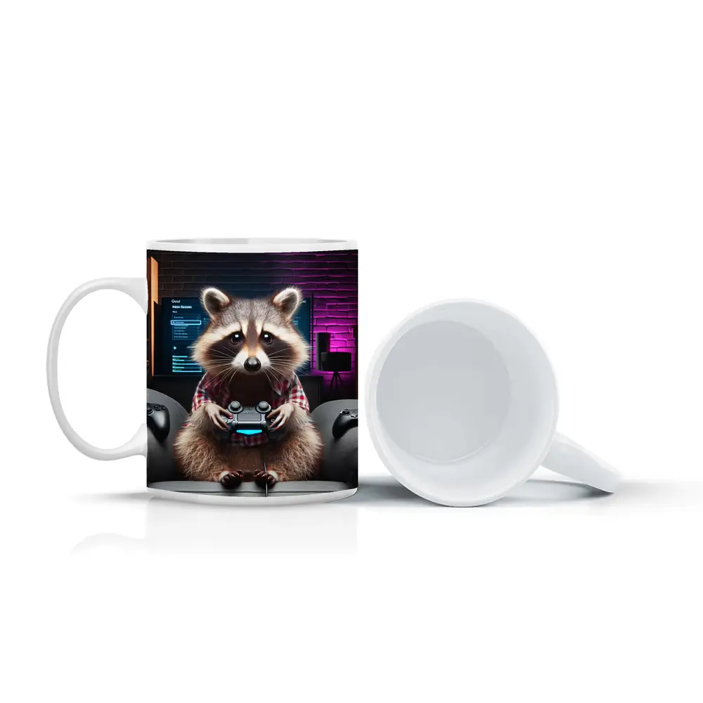 Raccoon Gamer Playing Console in Neon Room – Mugs