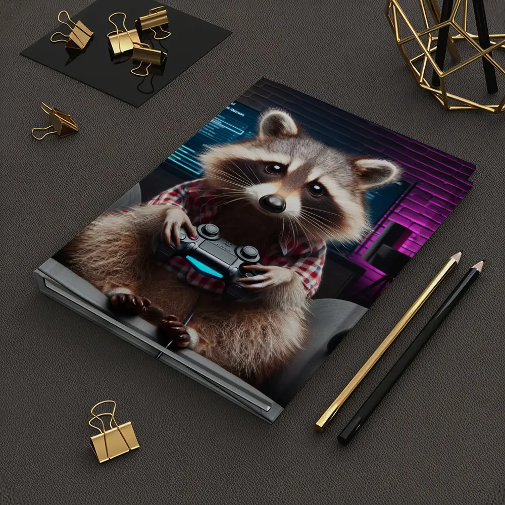Raccoon Gamer Playing Console in Neon Room – Notebooks