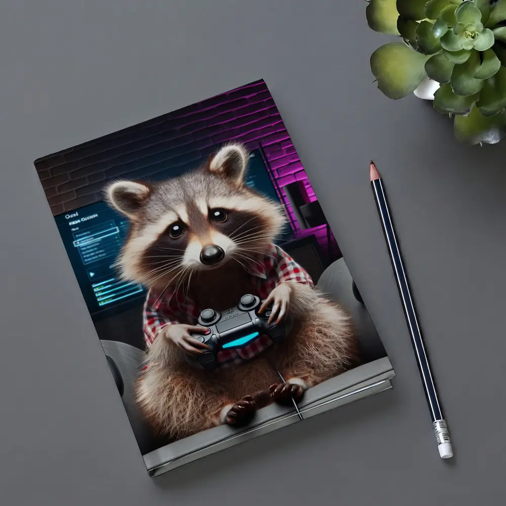 Raccoon Gamer Playing Console in Neon Room – Notebooks