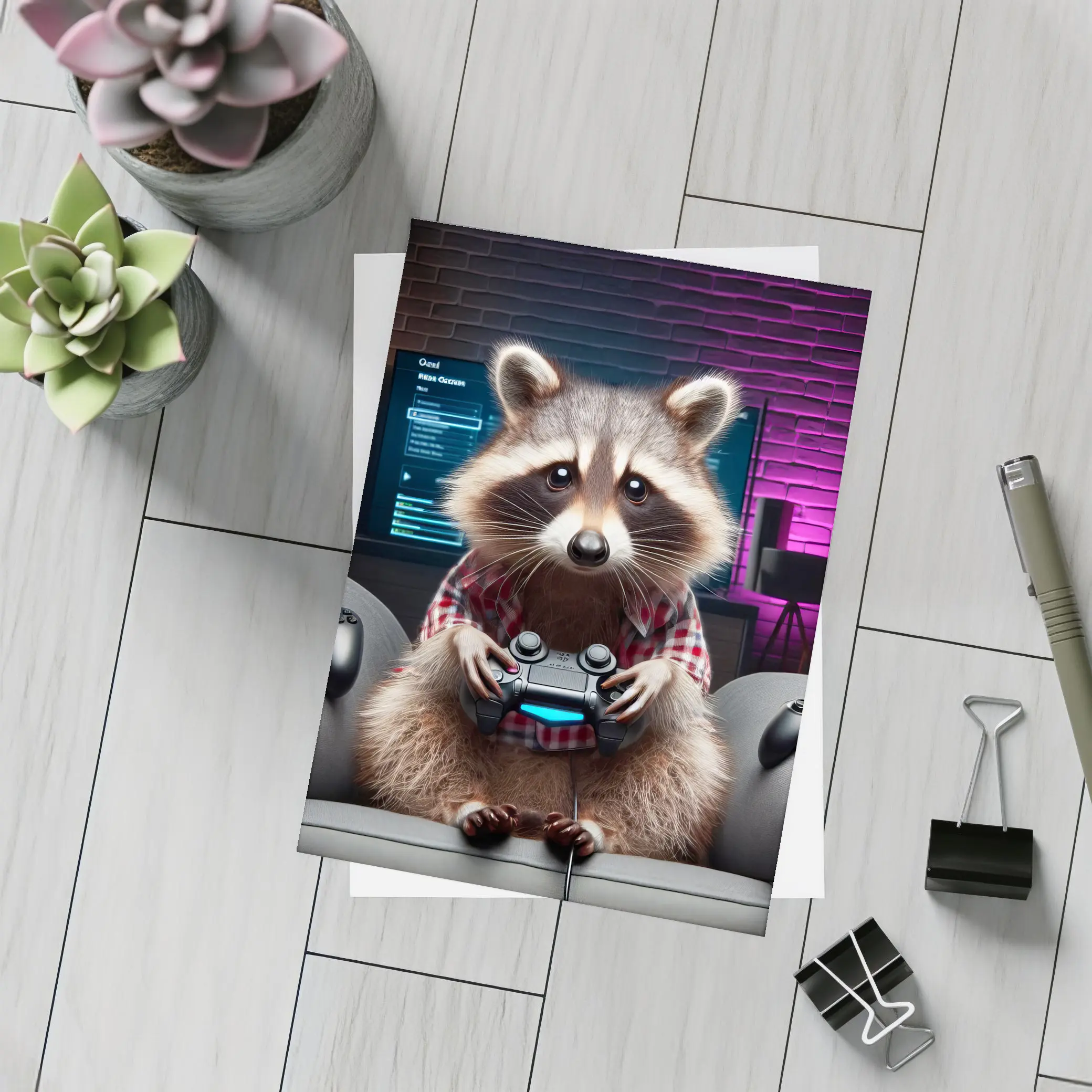 Raccoon Gamer Playing Console in Neon Room – Postcards