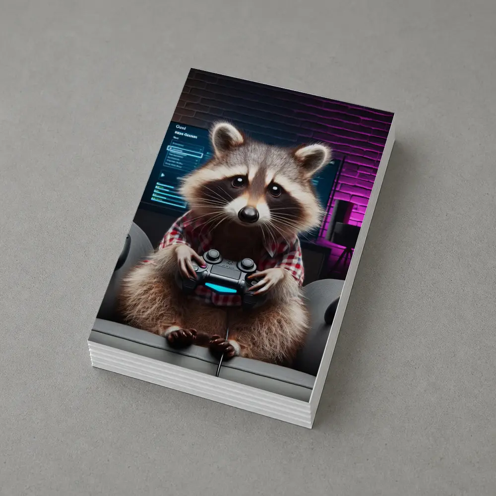 Raccoon Gamer Playing Console in Neon Room – Postcards