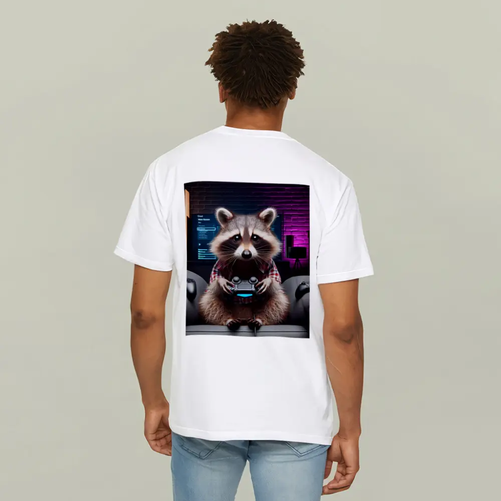 Raccoon Gamer Playing Console in Neon Room – T-Shirts