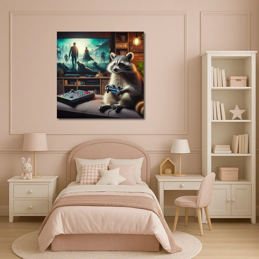 Raccoon Gaming Controller Cozy Living Room – Wall Art
