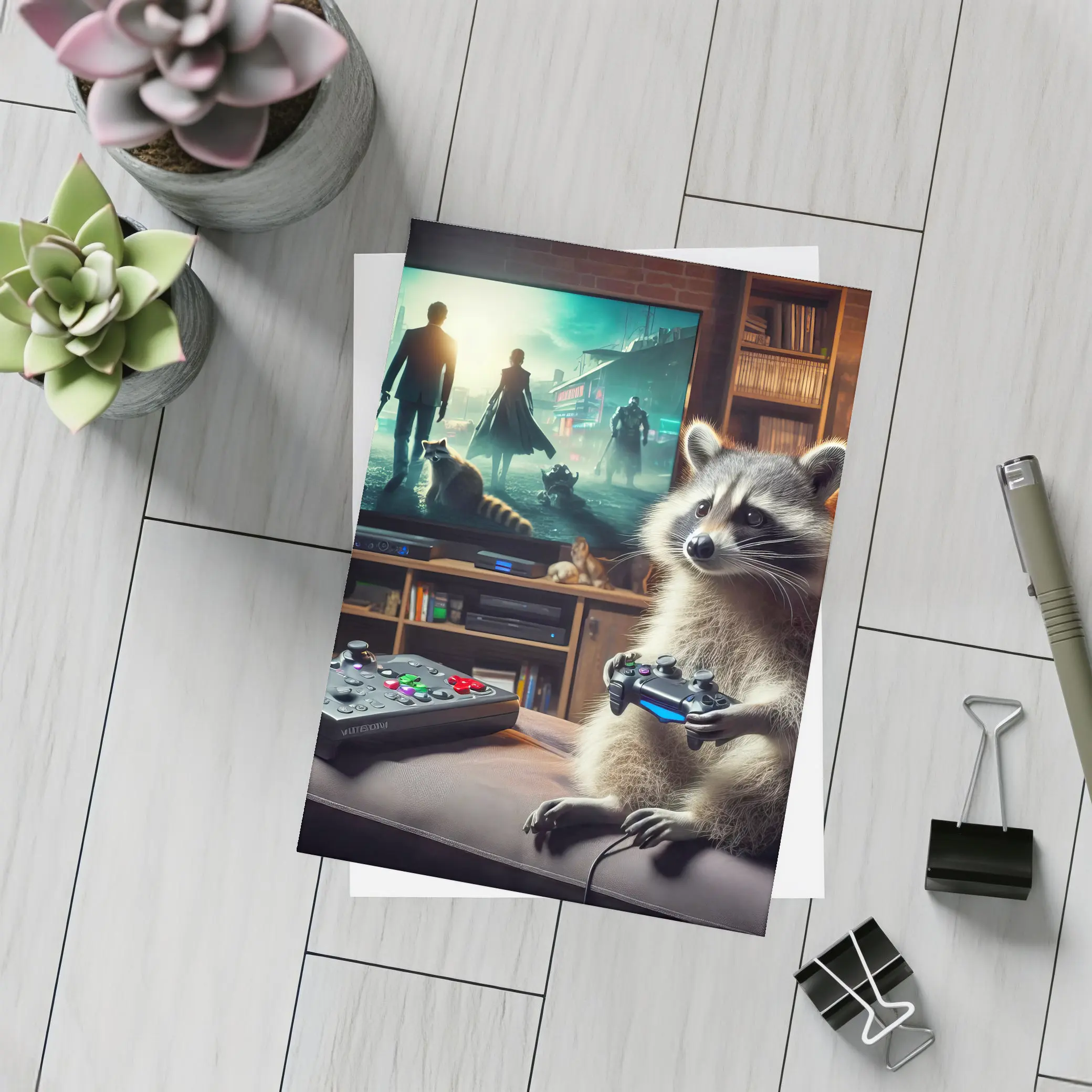 Raccoon Gaming Controller Cozy Living Room – Postcards