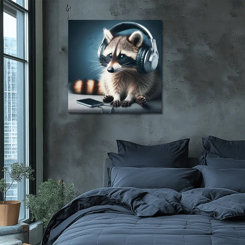 Raccoon Wearing Headphones on Gray Couch – Wall Art