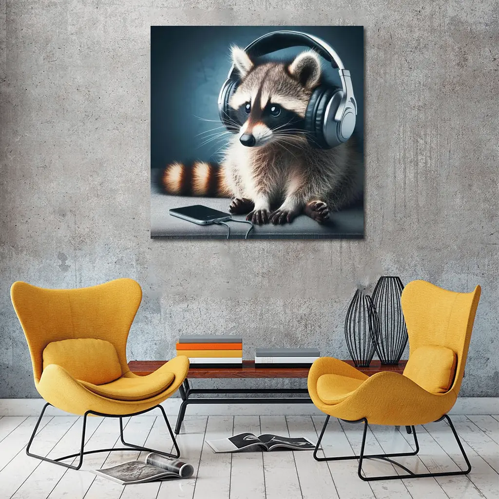 Raccoon Wearing Headphones on Gray Couch – Wall Art