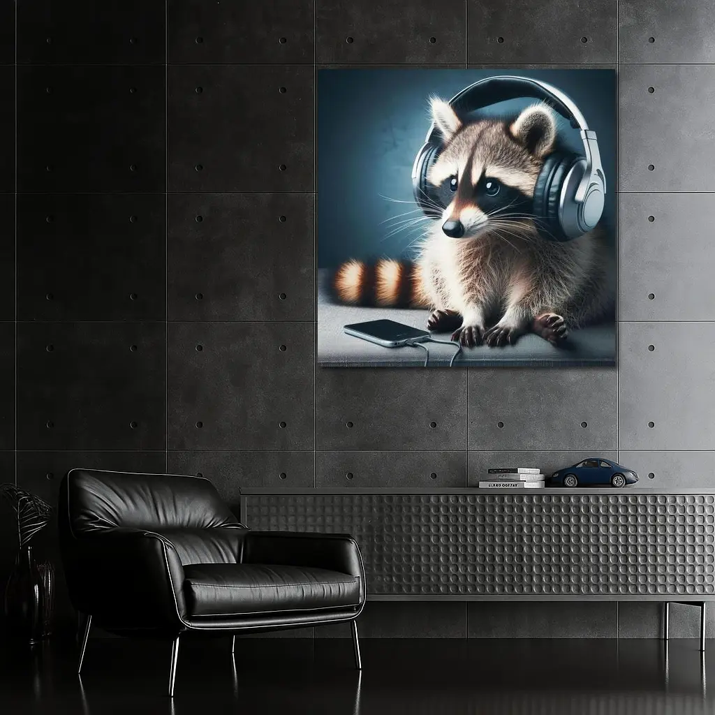 Raccoon Wearing Headphones on Gray Couch – Wall Art