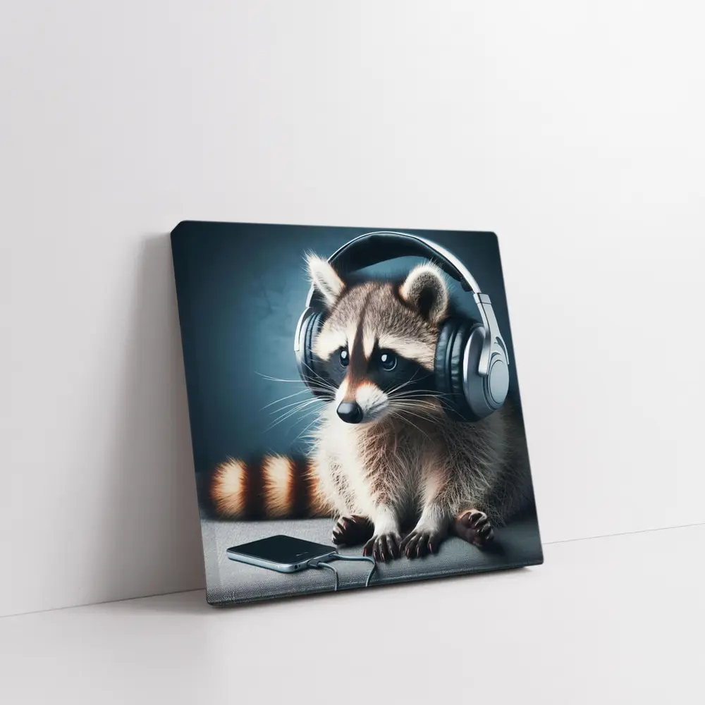 Raccoon Wearing Headphones on Gray Couch – Wall Art