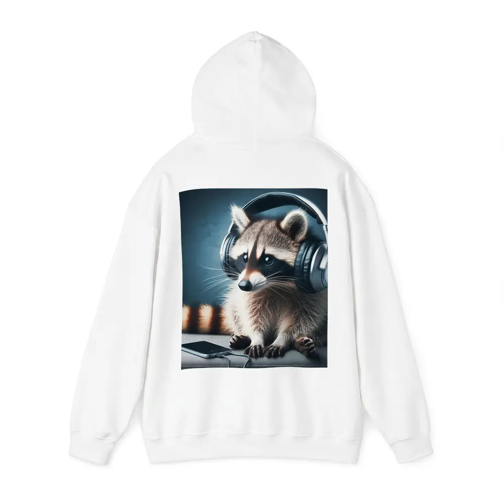 Raccoon Wearing Headphones on Gray Couch – Hoodies