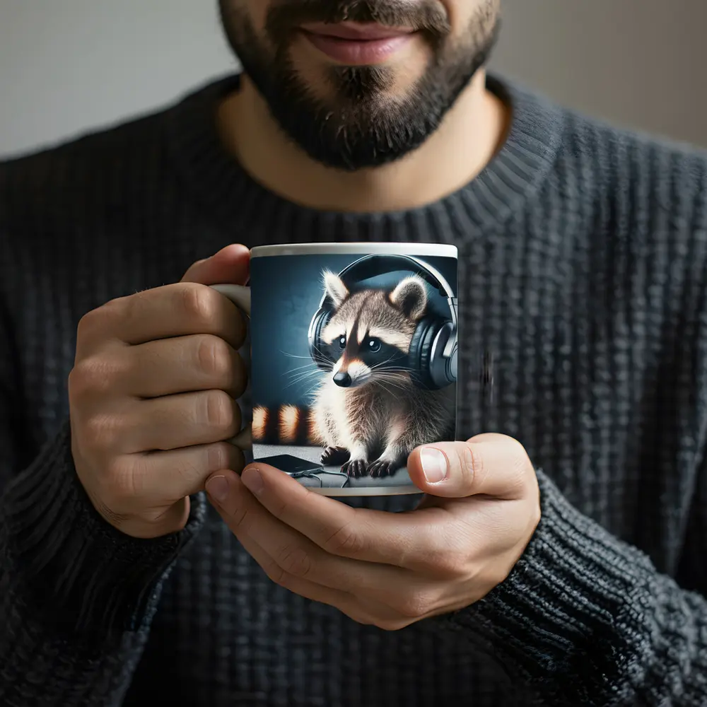 Raccoon Wearing Headphones on Gray Couch – Mugs