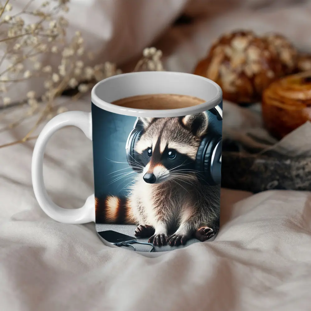 Raccoon Wearing Headphones on Gray Couch – Mugs