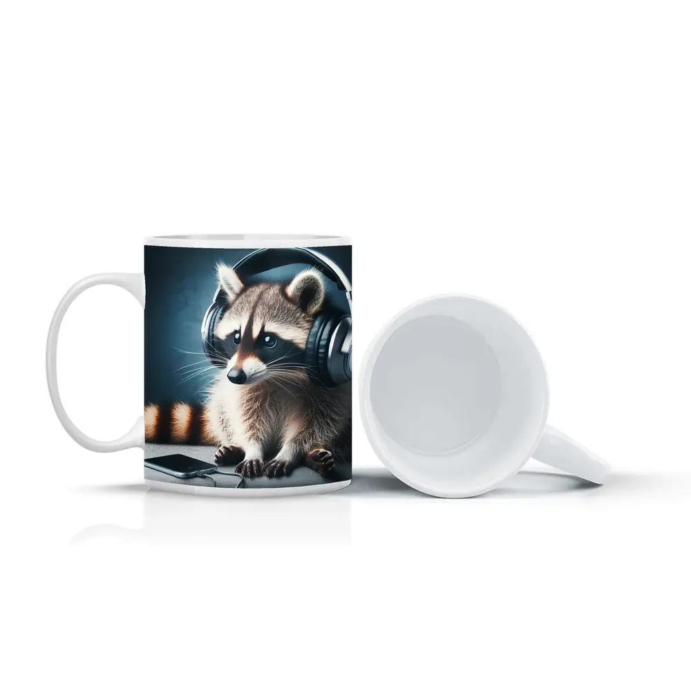 Raccoon Wearing Headphones on Gray Couch – Mugs
