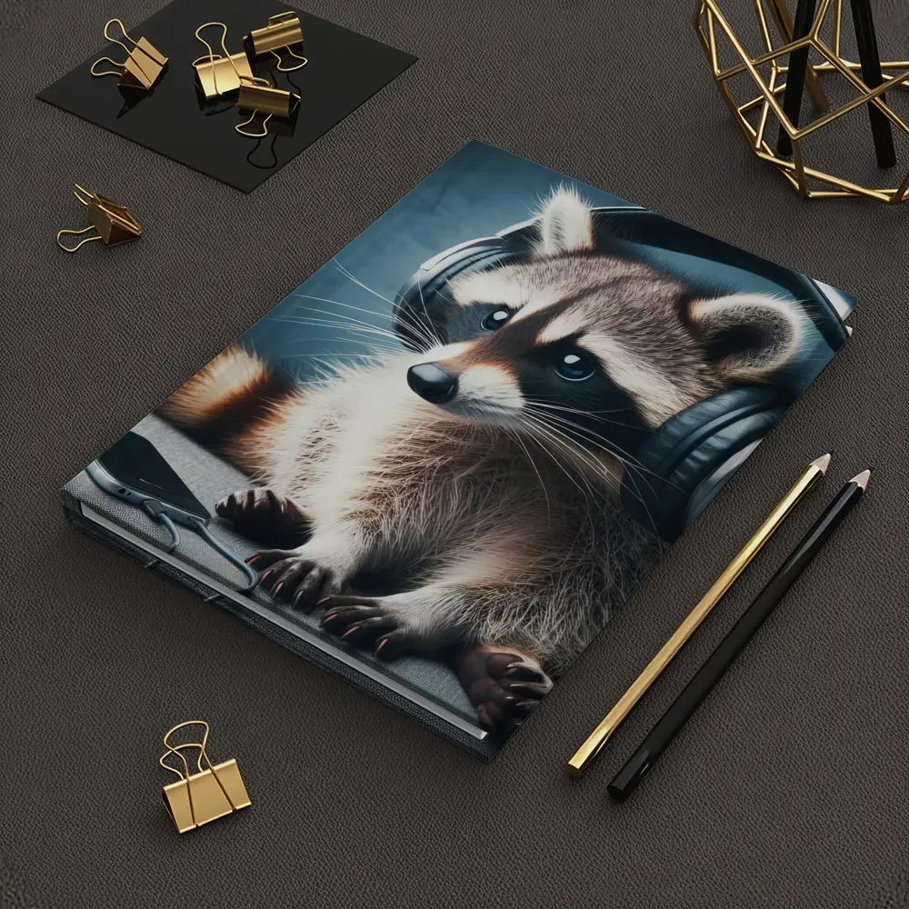Raccoon Wearing Headphones on Gray Couch – Notebooks