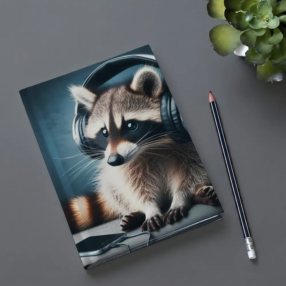 Raccoon Wearing Headphones on Gray Couch – Notebooks