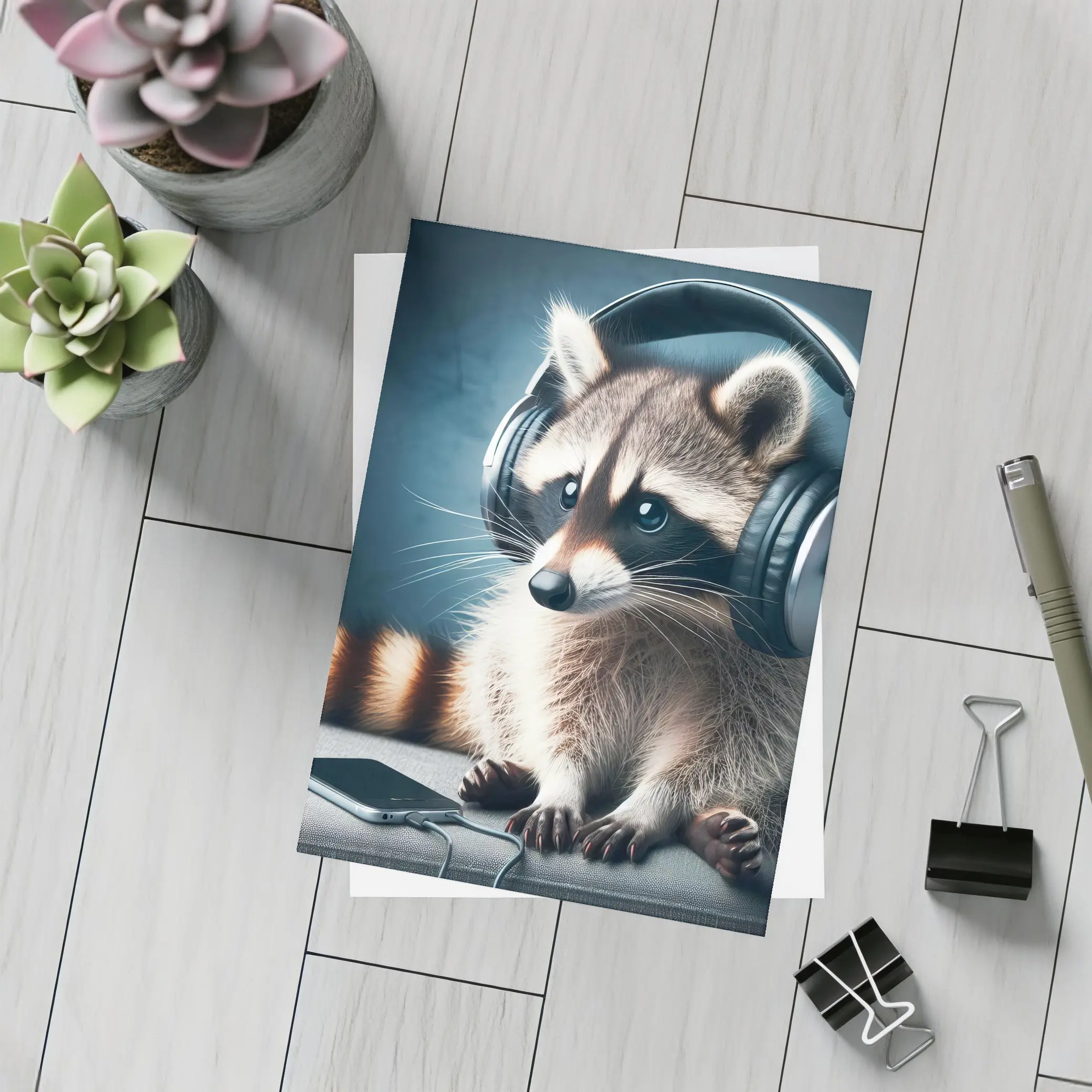 Raccoon Wearing Headphones on Gray Couch – Postcards