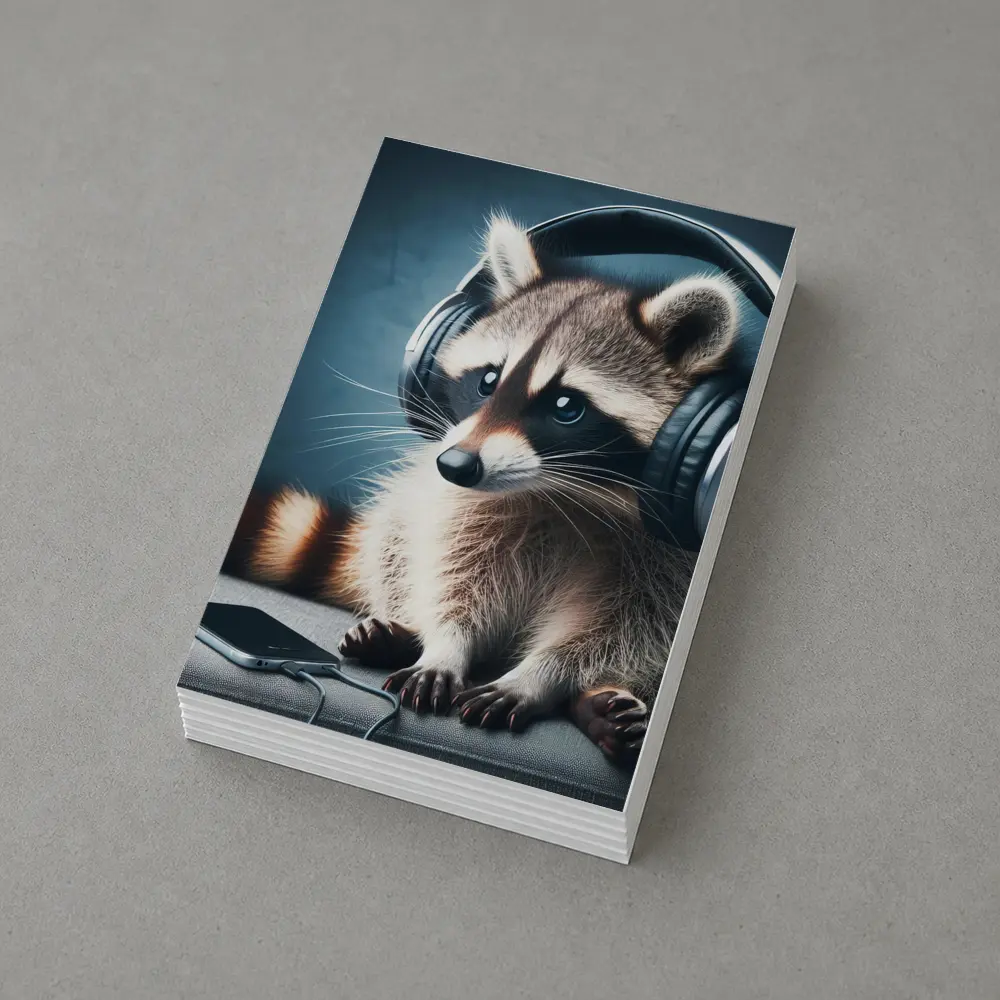 Raccoon Wearing Headphones on Gray Couch – Postcards