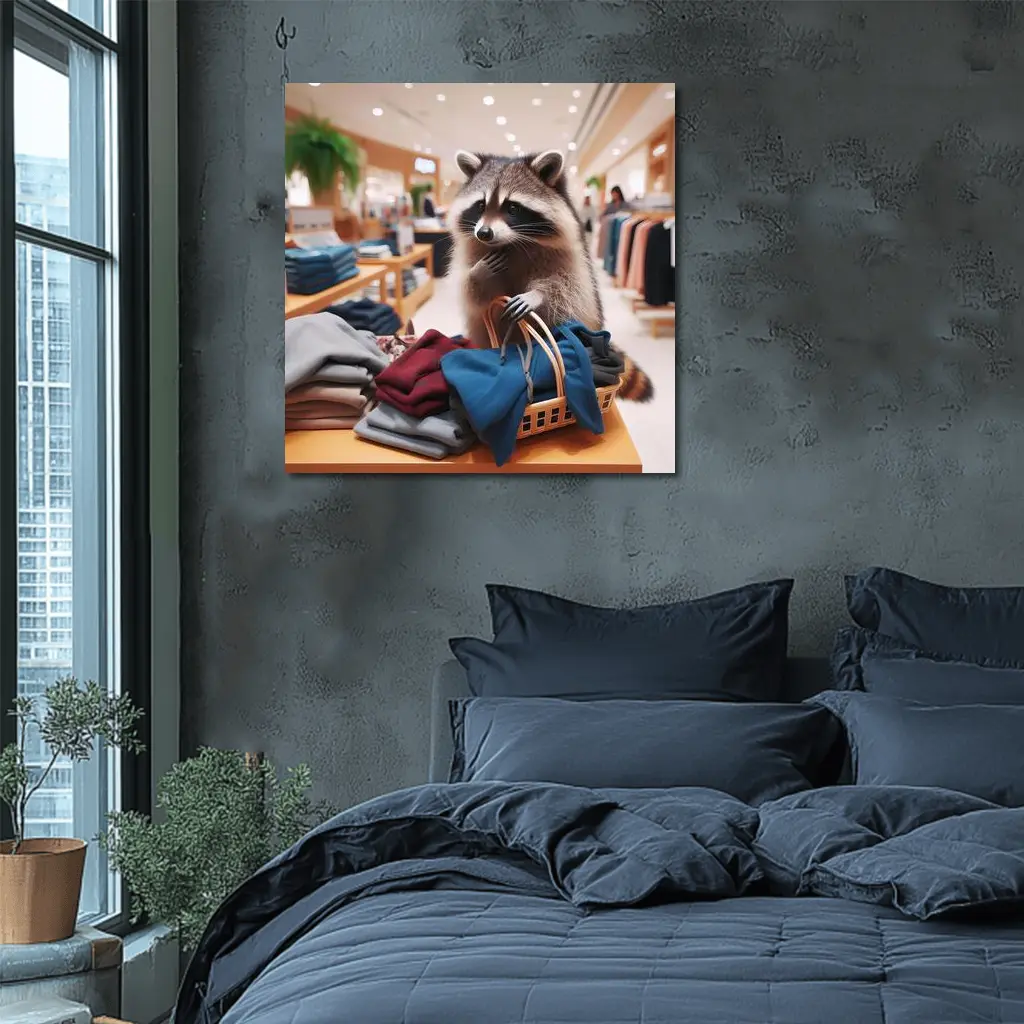 Raccoon Shopping in Clothing Store – Wall Art
