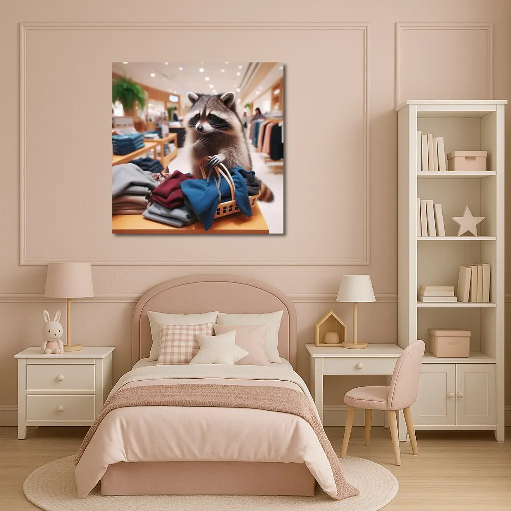 Raccoon Shopping in Clothing Store – Wall Art