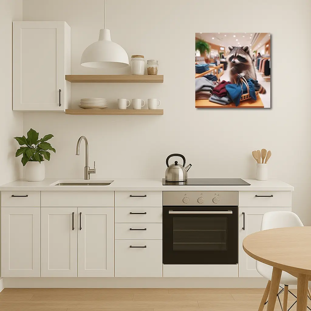 Raccoon Shopping in Clothing Store – Wall Art