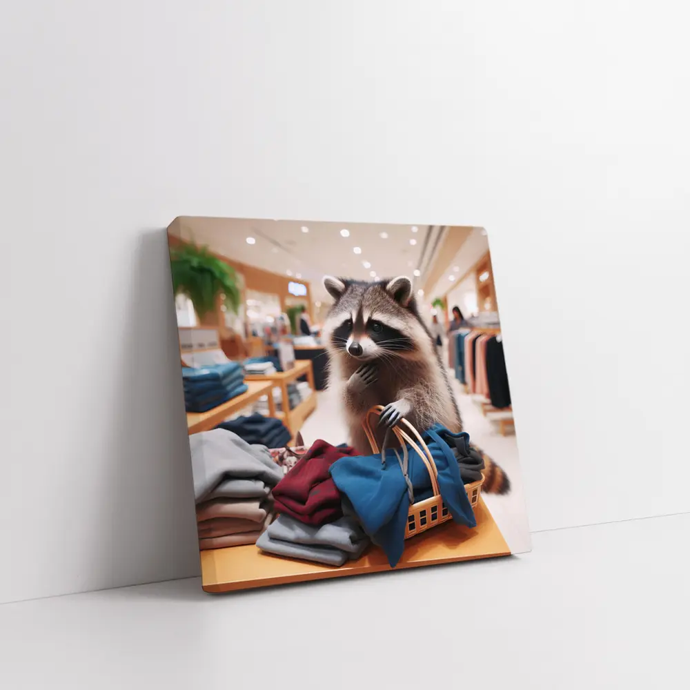 Raccoon Shopping in Clothing Store – Wall Art