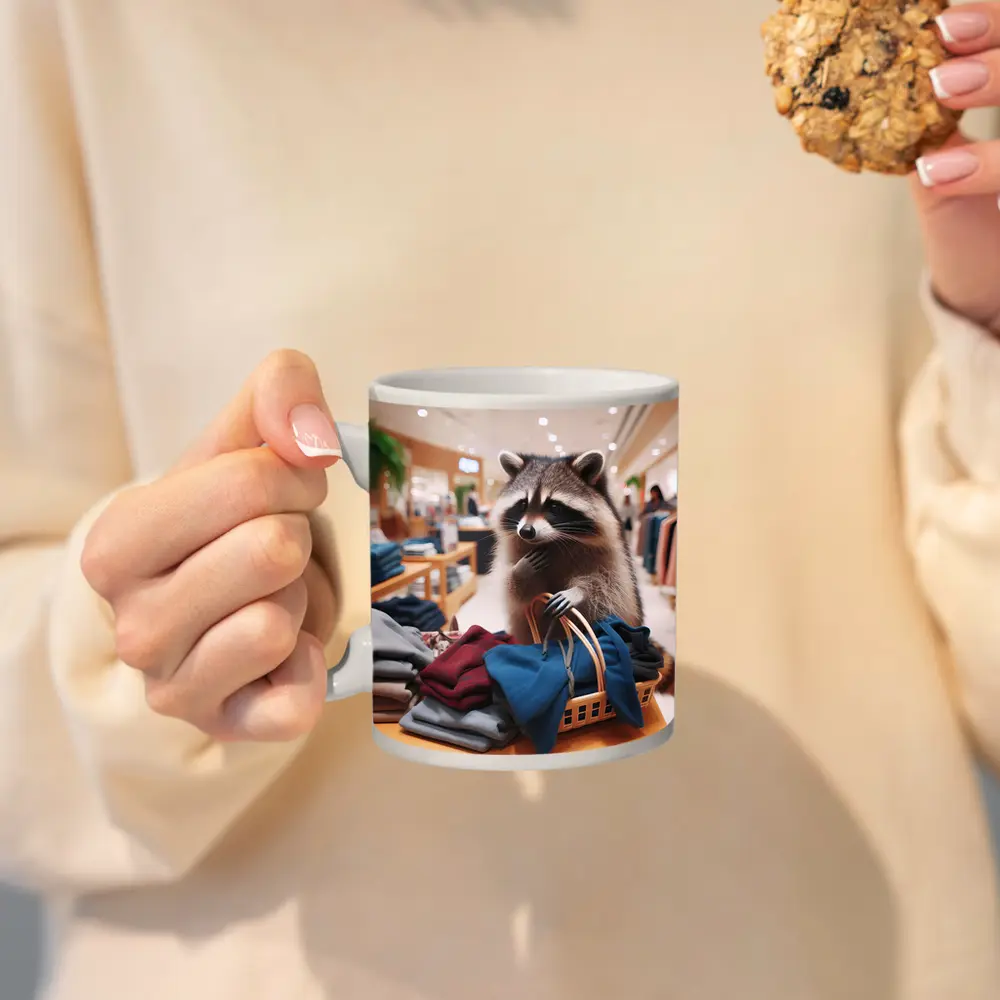 Raccoon Shopping in Clothing Store – Mugs