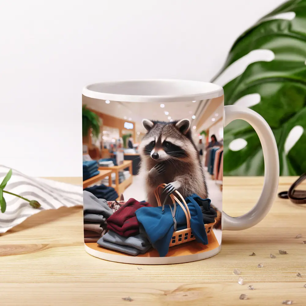 Raccoon Shopping in Clothing Store – Mugs