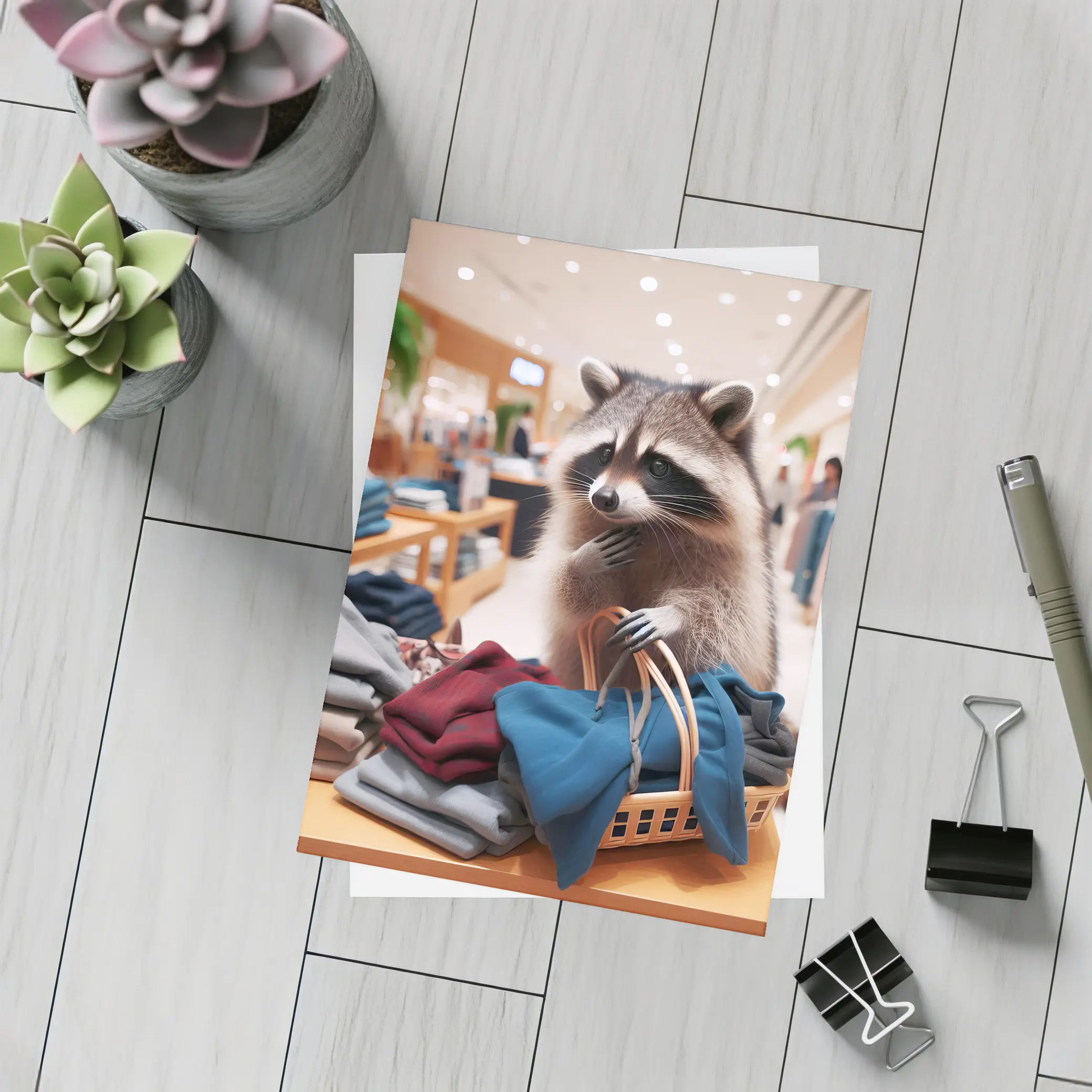 Raccoon Shopping in Clothing Store – Postcards