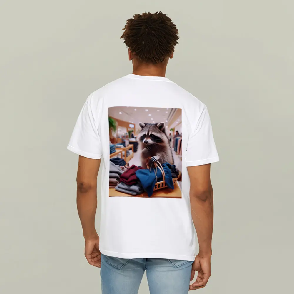 Raccoon Shopping in Clothing Store – T-Shirts