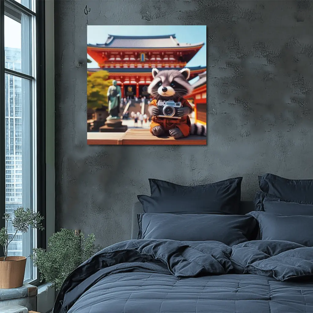 Raccoon Tourist Holding Camera Japanese Temple – Wall Art