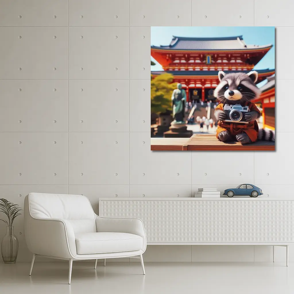 Raccoon Tourist Holding Camera Japanese Temple – Wall Art