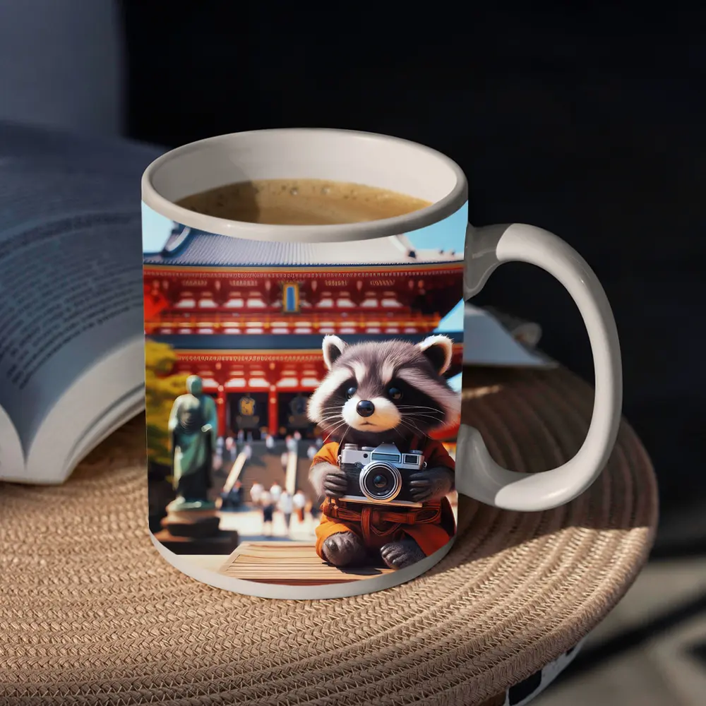 Raccoon Tourist Holding Camera Japanese Temple – Mugs
