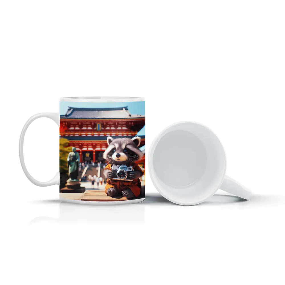 Raccoon Tourist Holding Camera Japanese Temple – Mugs