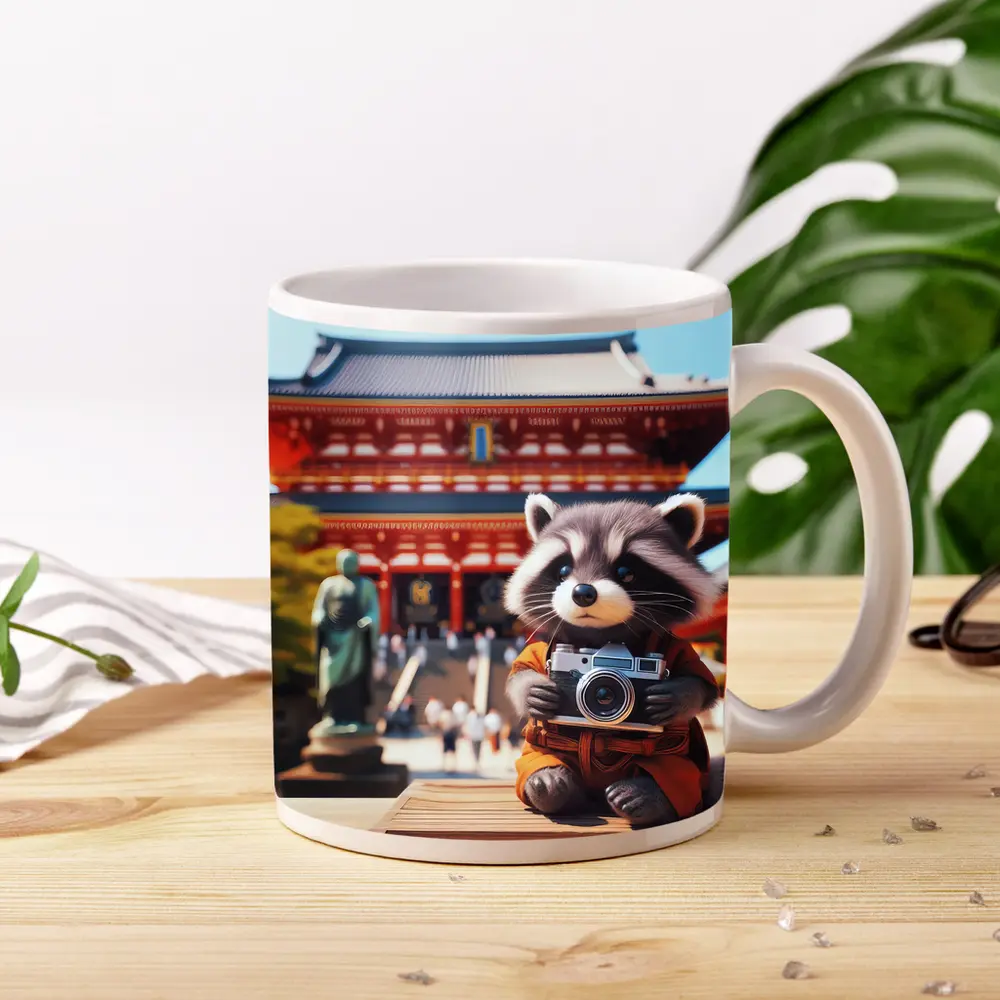 Raccoon Tourist Holding Camera Japanese Temple – Mugs