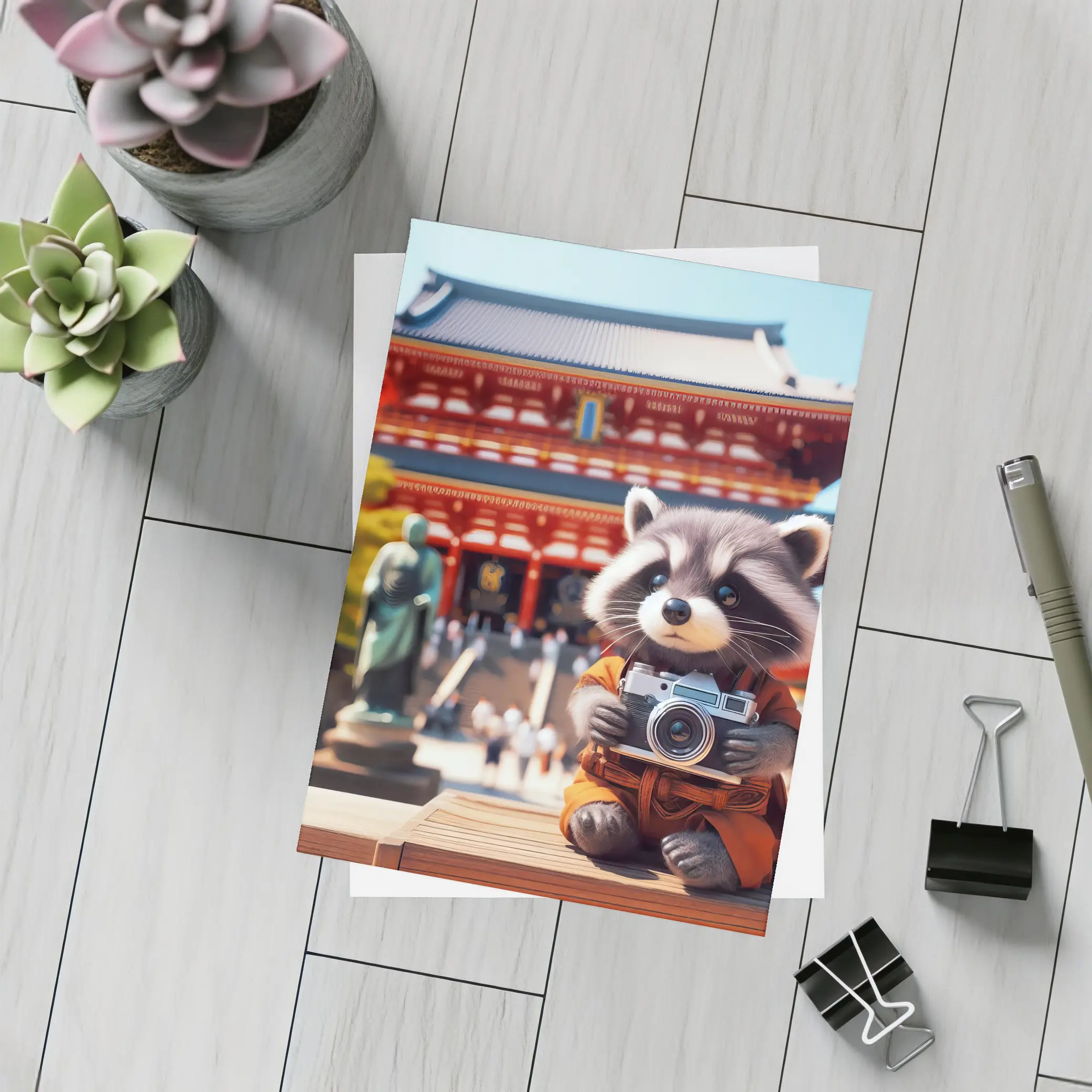 Raccoon Tourist Holding Camera Japanese Temple – Postcards