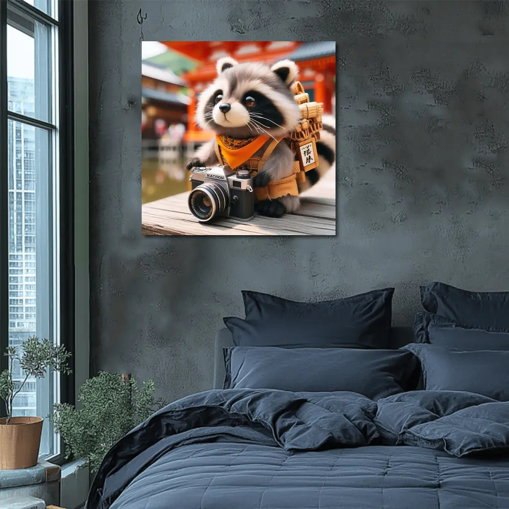 Raccoon Tourist With Camera Japanese Temple – Wall Art