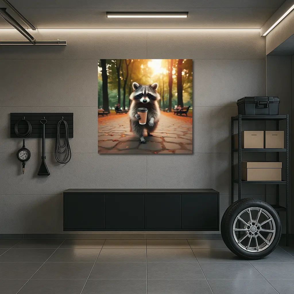 Raccoon With Coffee Cup In Autumn Park – Wall Art